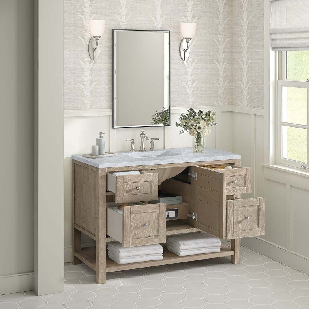 Breckenridge 48" Single Vanity, Whitewashed Oak w/ 3 CM Carrara White Marble Top