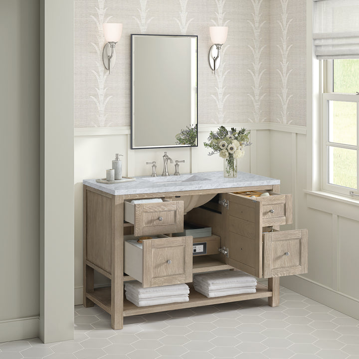 Breckenridge 48" Single Vanity, Whitewashed Oak w/ 3 CM Carrara White Marble Top