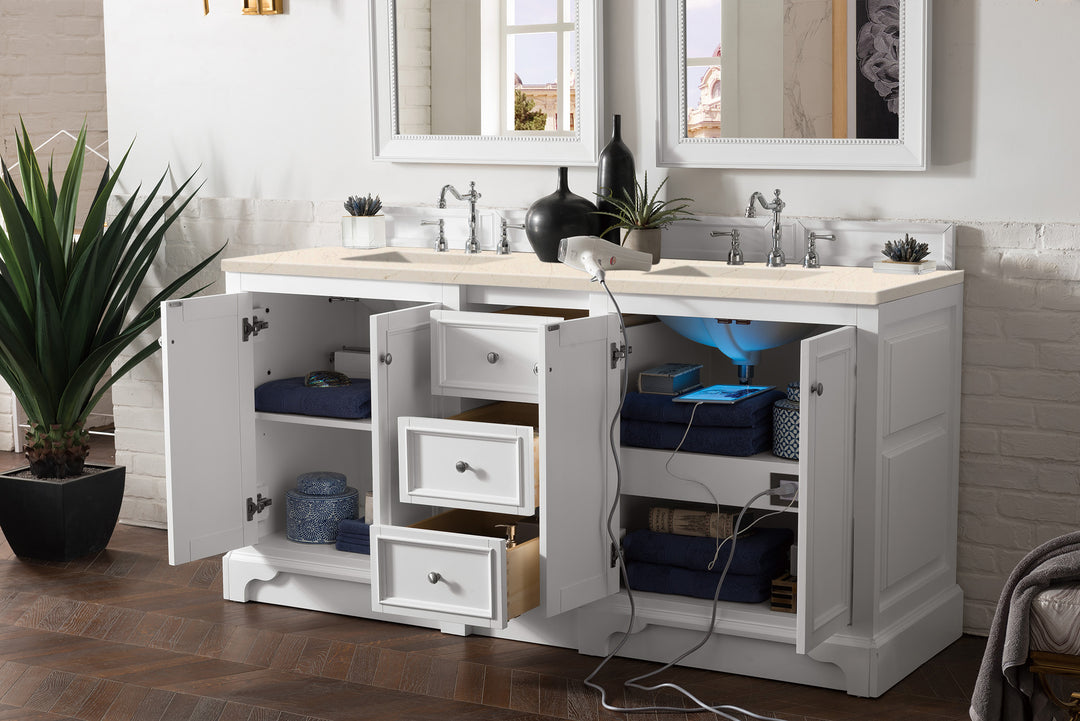 De Soto 72" Double Vanity, Bright White w/ 3 CM Eternal Marfil Silestone Top