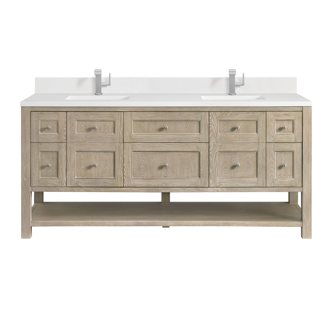 Breckenridge 72" Double Vanity, Whitewashed Oak w/ Single Hole 3 CM White Zeus Silestone Top & Backsplash