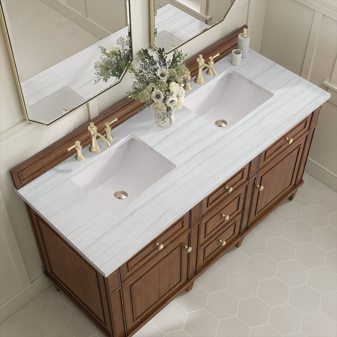 Lorelai 60" Double Vanity, Mid-Century Walnut w/ 3 CM Arctic Fall Solid Surface Top