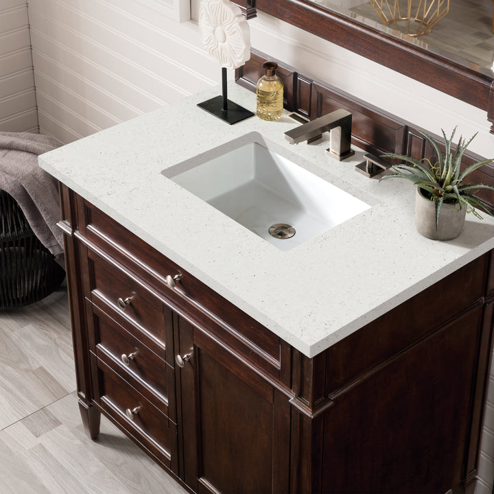 Brittany 36" Single Vanity, Burnished Mahogany w/ 3 CM Lime Delight Silestone Top