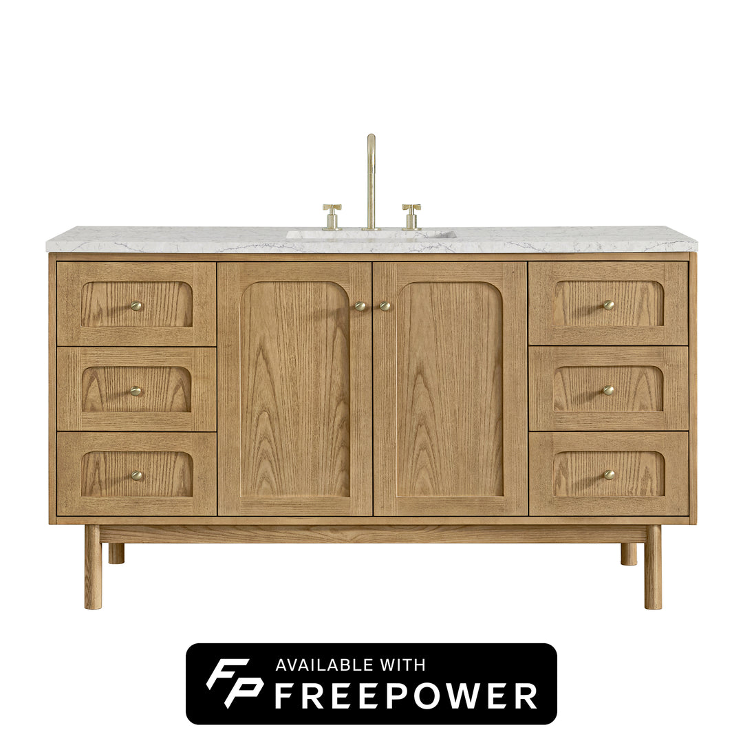 Laurent 60" Single Vanity, Light Natural Oak, w/ 3 CM Eternal Jasmine Pearl Silestone Top w/ FreePower Wireless Charger
