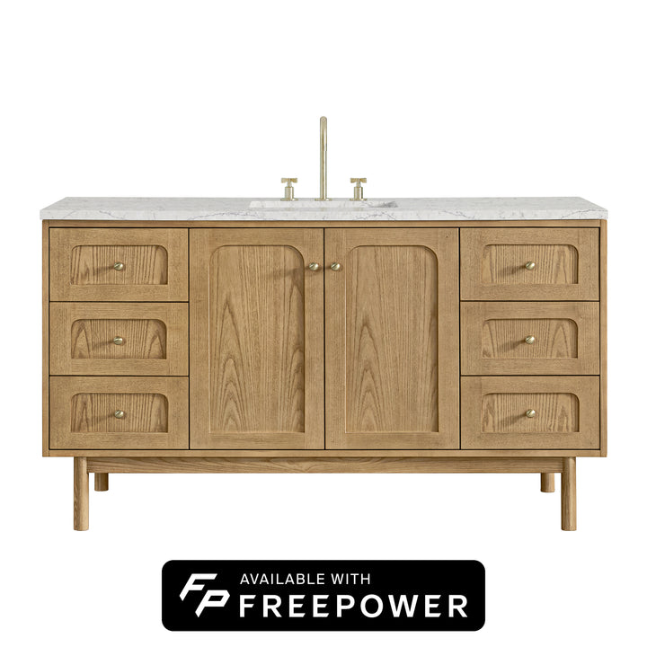 Laurent 60" Single Vanity, Light Natural Oak, w/ 3 CM Eternal Jasmine Pearl Silestone Top w/ FreePower Wireless Charger