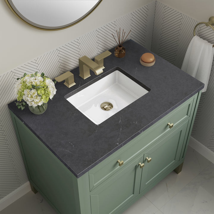 Chicago 36" Single Vanity, Smokey Celadon, w/ 3 CM Charcoal Soapstone Silestone® Top