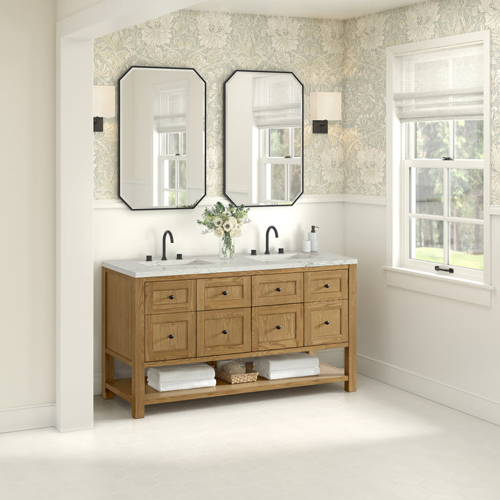 Breckenridge 60" Double Vanity, Light Natural Oak, w/ 3 CM Victorian Silver Quartz Top