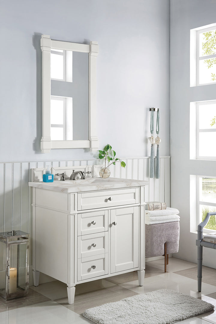 Brittany 30" Single Vanity, Bright White, w/ 3 CM Victorian Silver Silestone Top