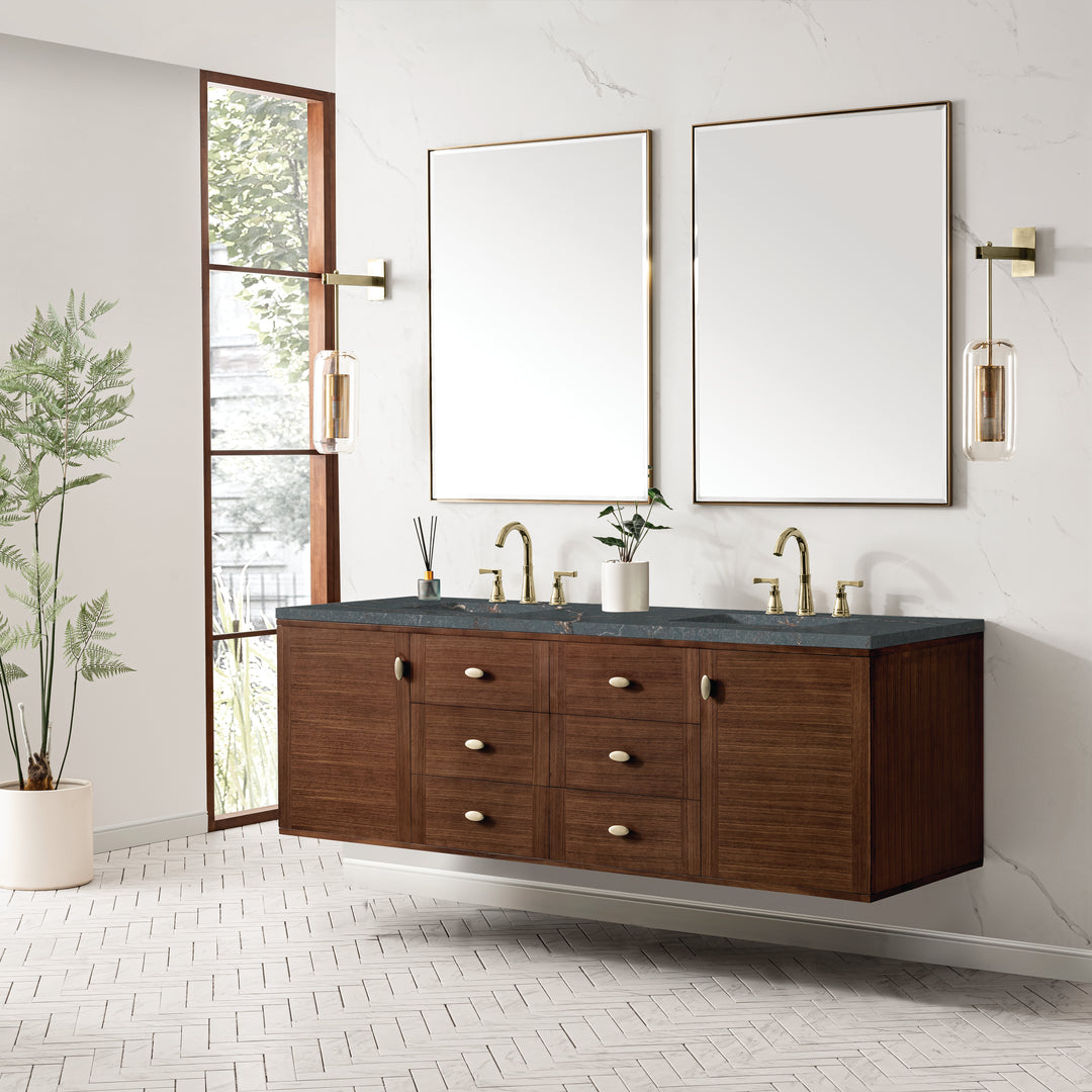 Amberly 72" Double Vanity, Mid-Century Walnut w/ 3 CM Parisien Bleu Top
