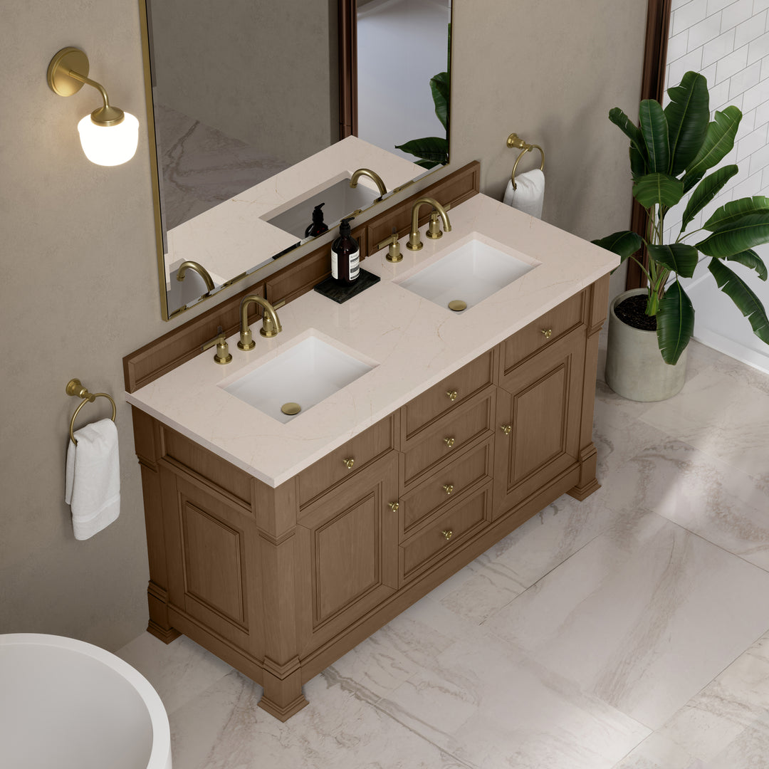 Brookfield 60" Double Vanity, Pecan w/ 3 CM Eternal Marfil Silestone® Top