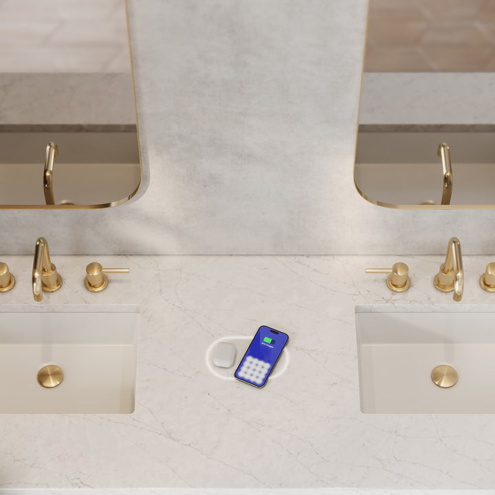 Chicago 72" Double Vanity, Smokey Celadon, w/ 3 CM Eternal Jasmine Pearl Silestone Top w/ FreePower Wireless Charger