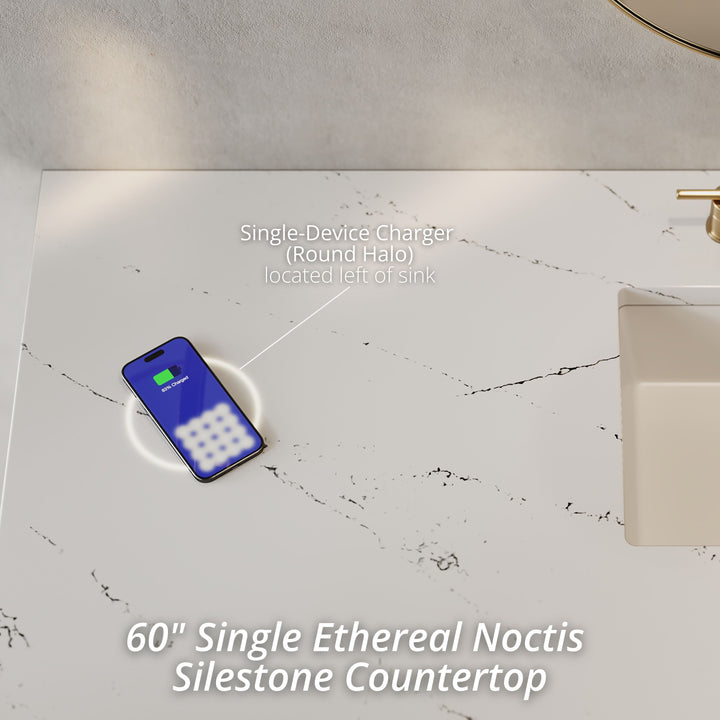 Chicago 60" Single Vanity, Glossy White, w/ 3 CM Ethereal Noctis Silestone Top w/ FreePower Wireless Charger