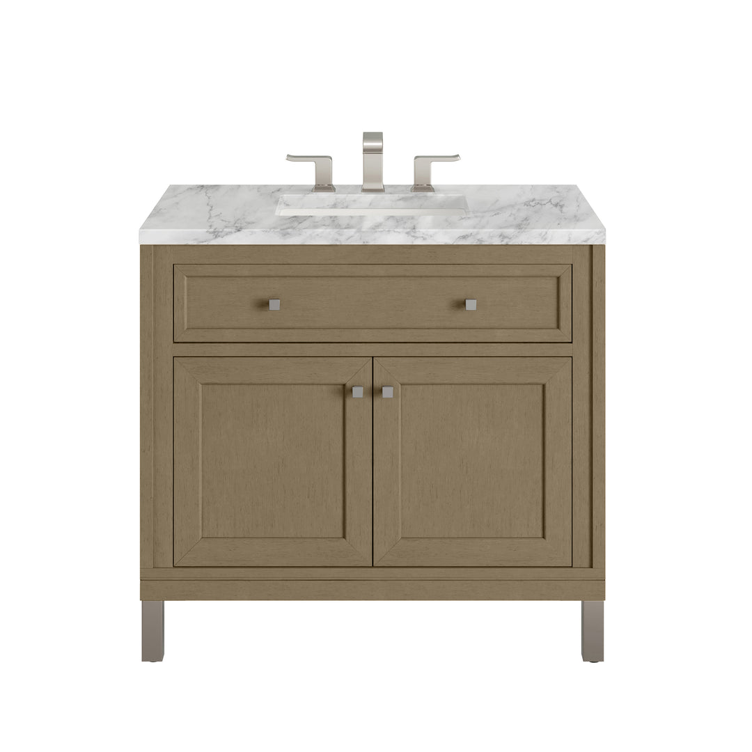 Chicago 36" Single Vanity, Walnut Whisper, w/ 3 CM Carrara Marble Top
