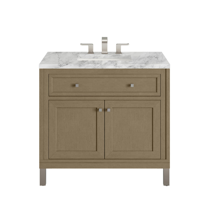 Chicago 36" Single Vanity, Walnut Whisper, w/ 3 CM Carrara Marble Top