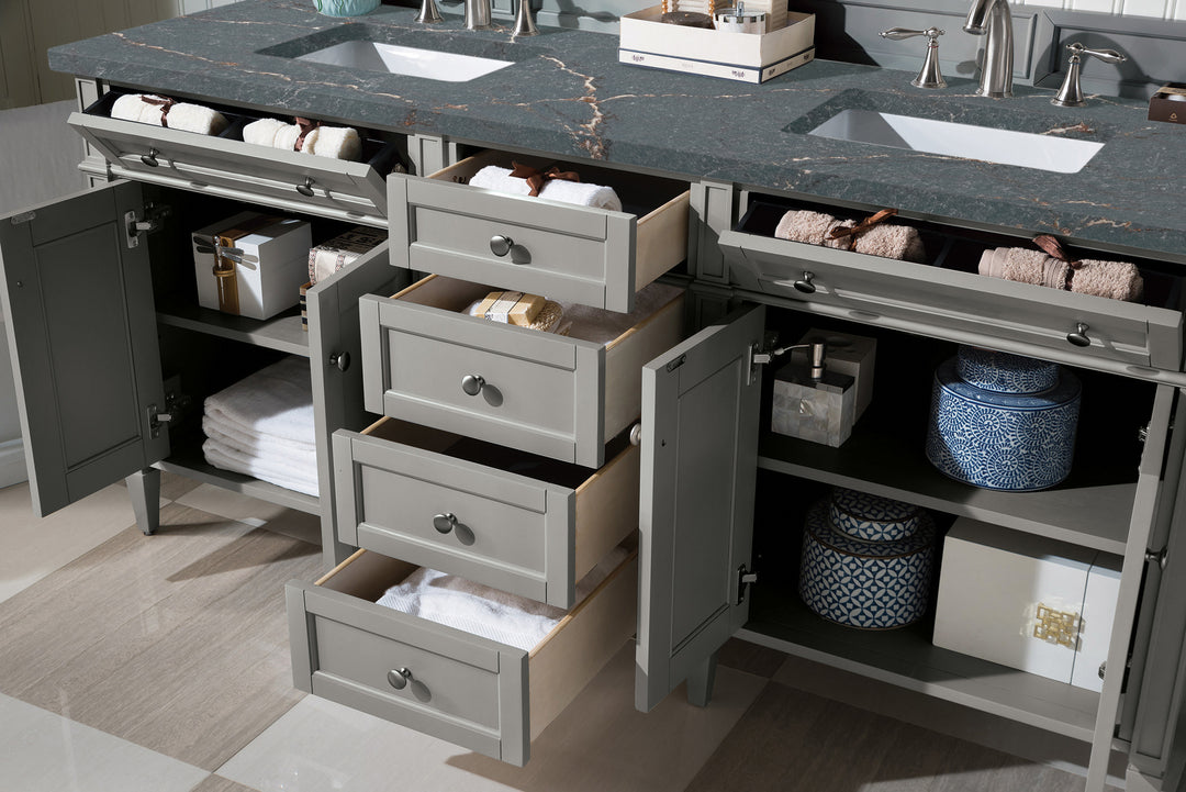 Brittany 72" Double Vanity, Urban Gray w/ 3 CM Parisien Bleu Silestone Top w/FreePower Wireless Charger