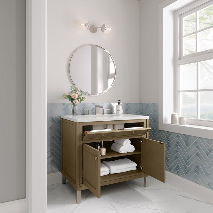 Chicago 36" Single Vanity, Walnut Whisper, w/ 3 CM White Zeus Silestone® Top