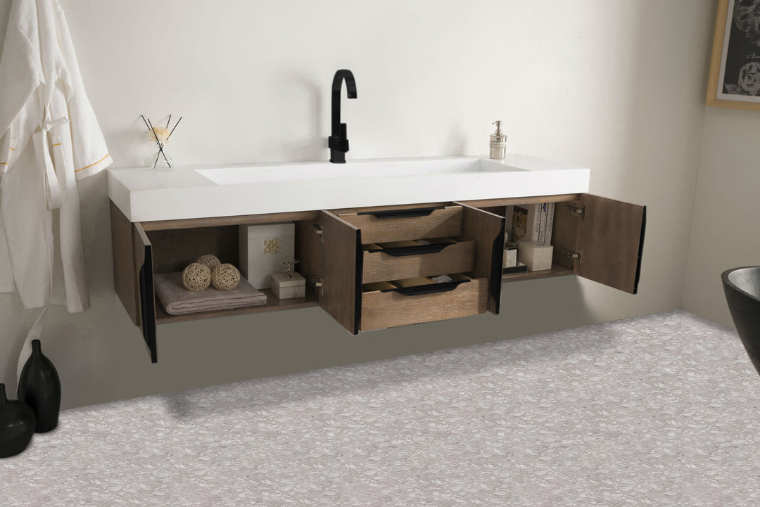 Columbia 72" Single Wall Mount Vanity, Latte Oak, Matte Black w/ Glossy White Composite Stone Top