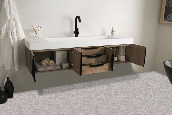 Columbia 72" Single Wall Mount Vanity, Latte Oak, Matte Black w/ Glossy White Composite Stone Top