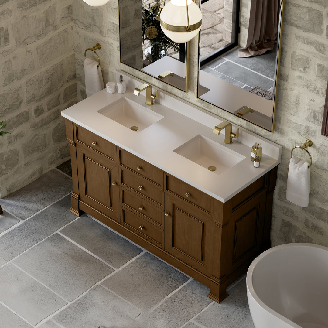 Brookfield 60" Double Vanity, Honey Oak w/ Single Hole 3 CM White Zeus Silestone® Top & Backsplash