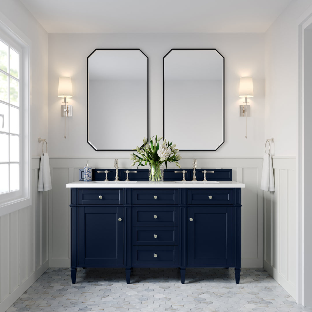 Brittany 60" Double Vanity, Victory Blue w/ 3 CM White Zeus Silestone Top