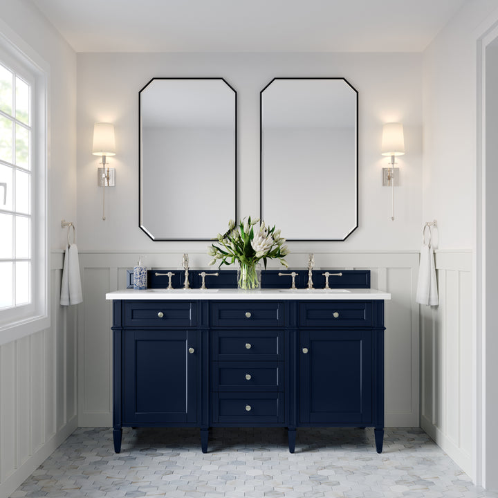 Brittany 60" Double Vanity, Victory Blue w/ 3 CM White Zeus Silestone Top