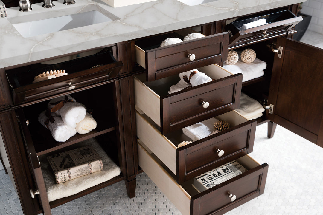 Brittany 60" Double Vanity, Burnished Mahogany w/ 3 CM Victorian Silver Silestone Top