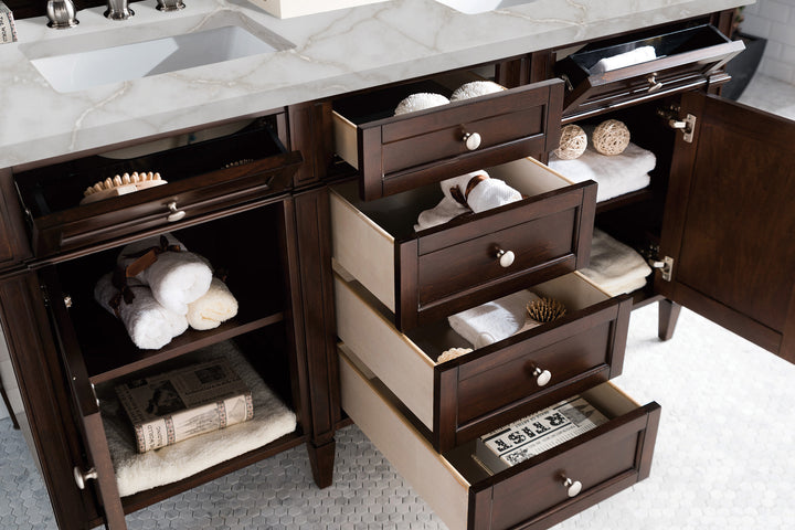 Brittany 60" Double Vanity, Burnished Mahogany w/ 3 CM Victorian Silver Silestone Top