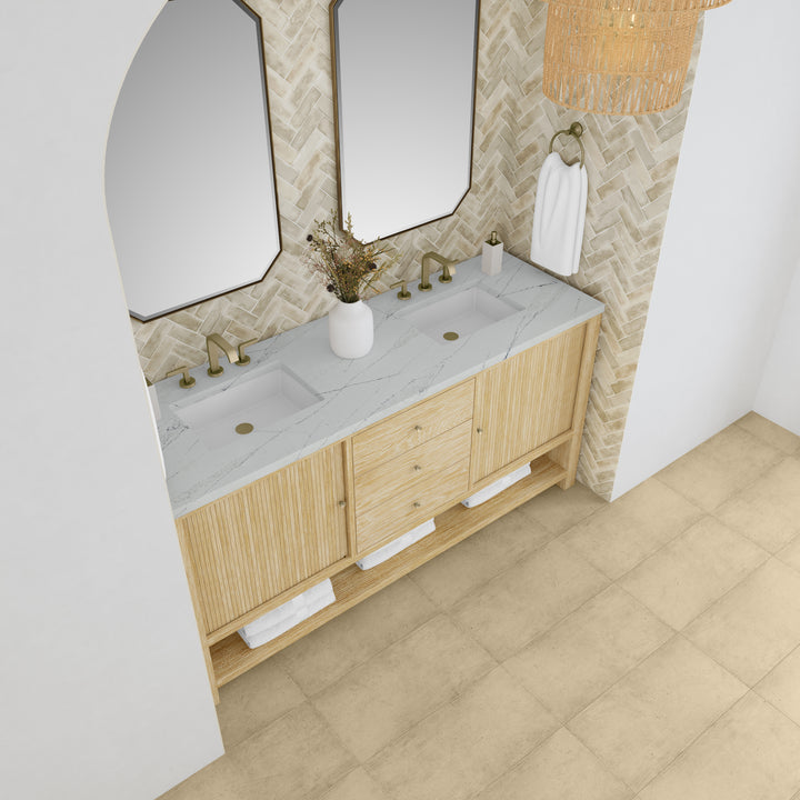 Marigot 72" Double Vanity, Sunwashed Oak w/ 3 CM Ethereal Noctis Silestone Top w/ FreePower Wireless Charger