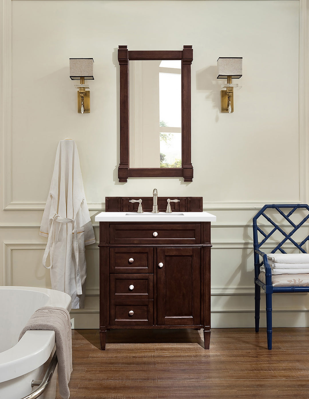 Brittany 30" Single Vanity, Burnished Mahogany, w/ 3 CM White Zeus Silestone Top