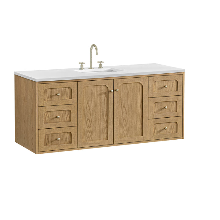 Laurent 60" Single Vanity, Light Natural Oak, w/ 3 CM White Zeus Quartz Top