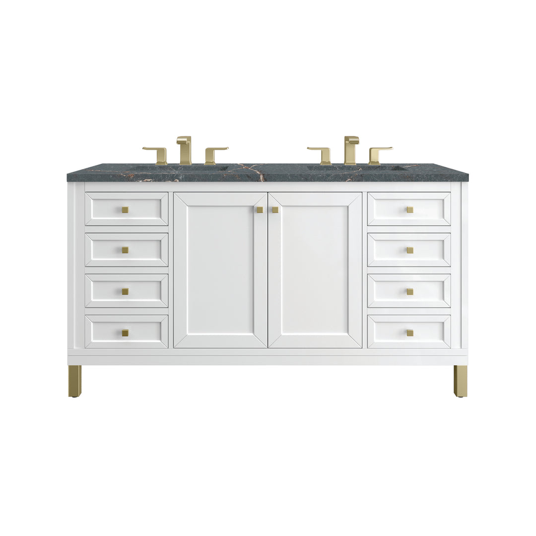 Chicago 60" Double Vanity, Glossy White, w/ 3 CM Parisien Bleu Silestone® Top w/FreePower Wireless Charger