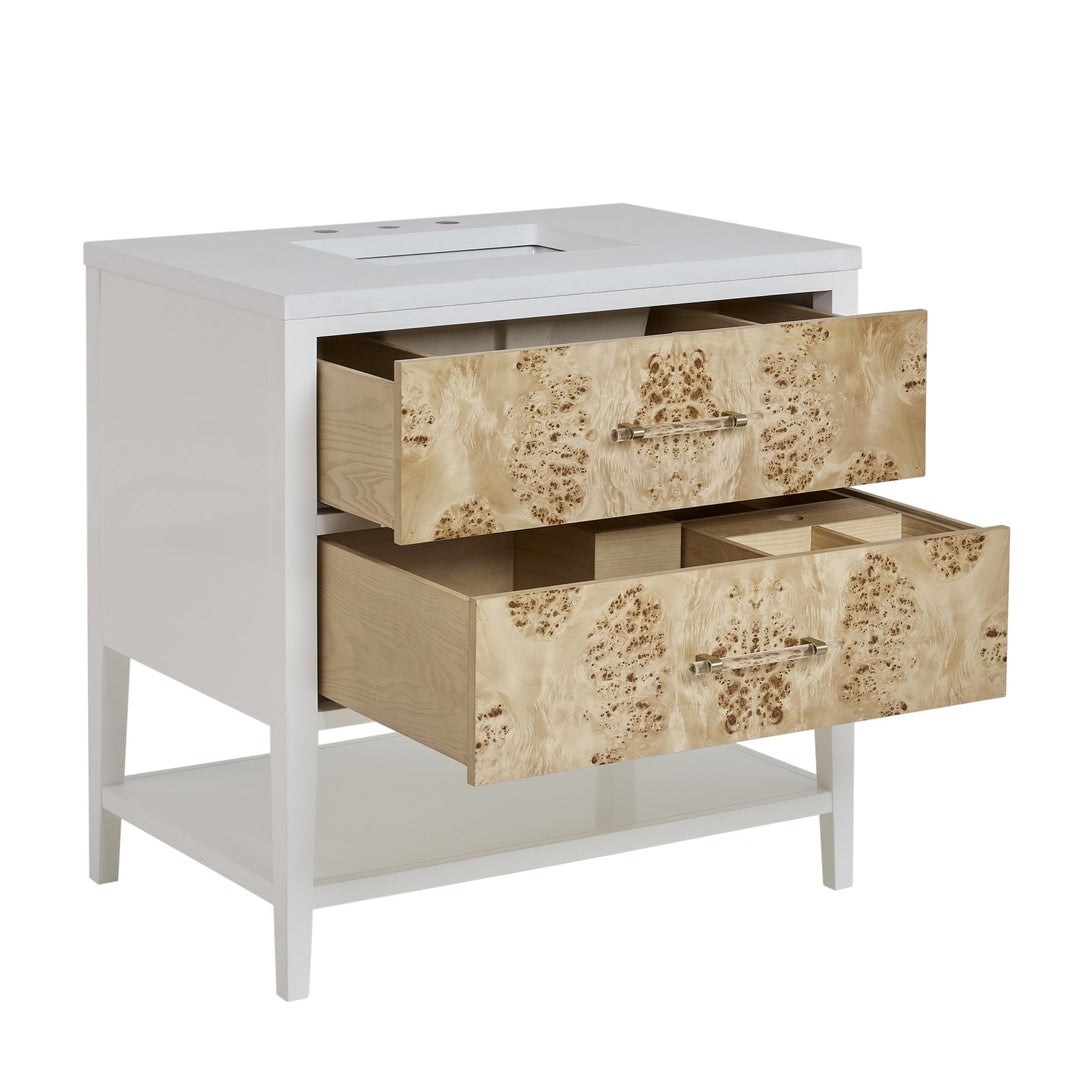 Olena 36" Single Vanity, Light Mappa Burl and Polished White