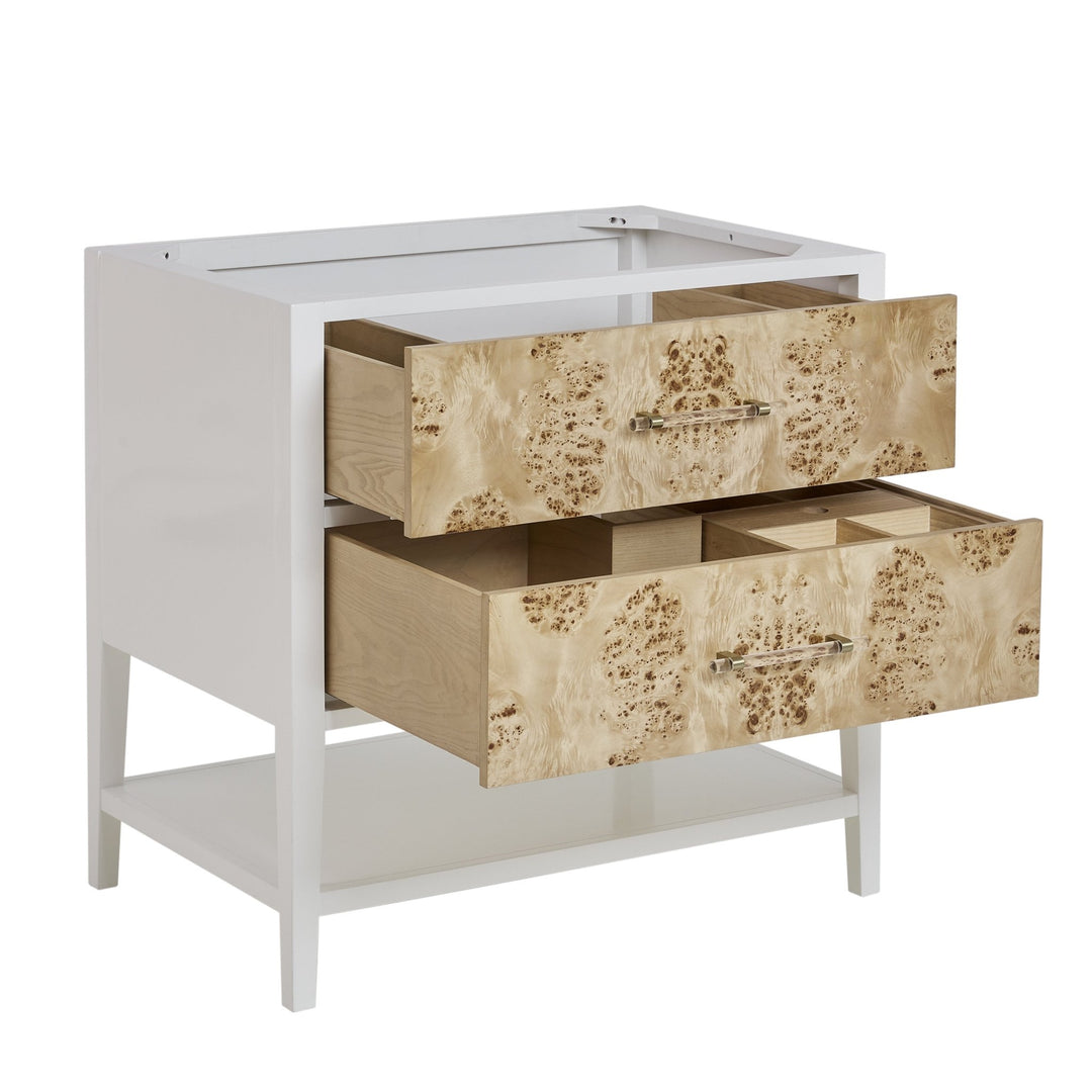 Olena 36" Single Vanity, Light Mappa Burl and Polished White