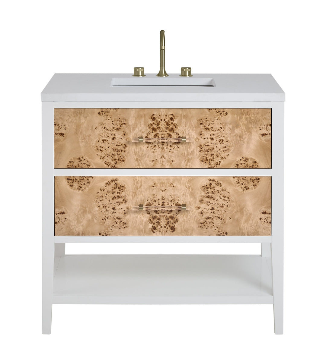Olena 36" Single Vanity, Light Mappa Burl and Polished White w/ 3 CM White Zeus Silestone Top