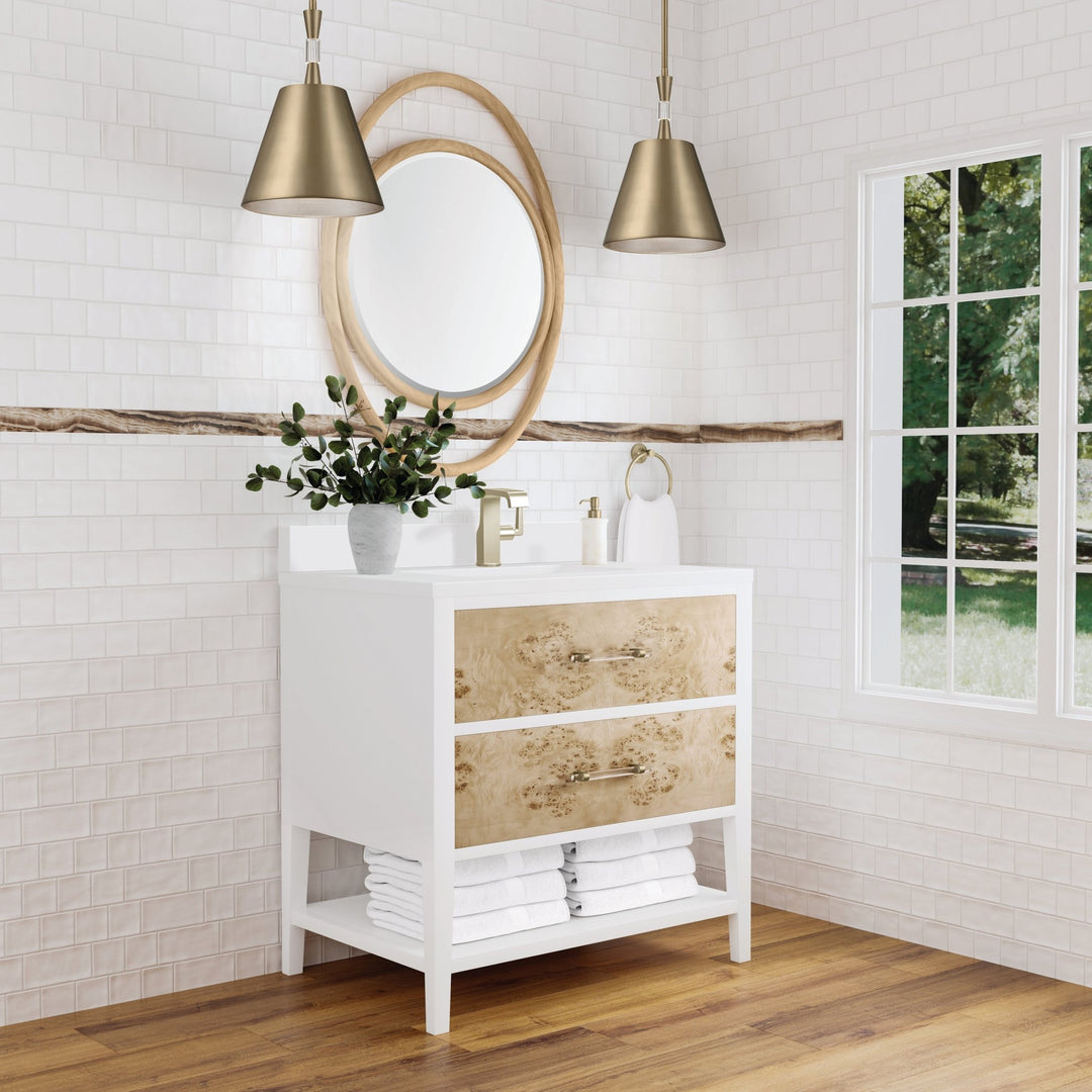 Olena 36" Single Vanity, Light Mappa Burl and Polished White w/ Single Hole 3 CM White Zeus Silestone Top & Backsplash
