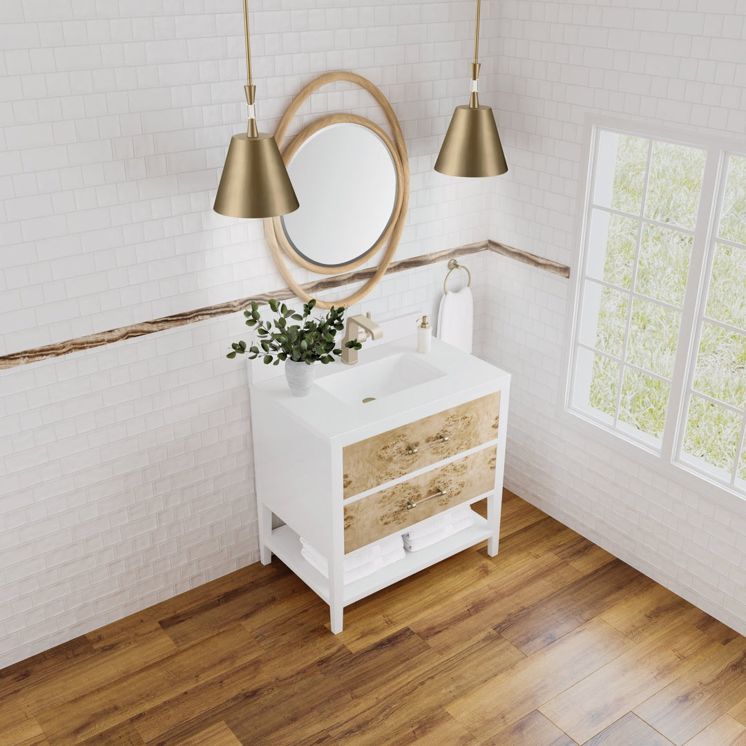 Olena 36" Single Vanity, Light Mappa Burl and Polished White w/ Single Hole 3 CM White Zeus Silestone Top & Backsplash