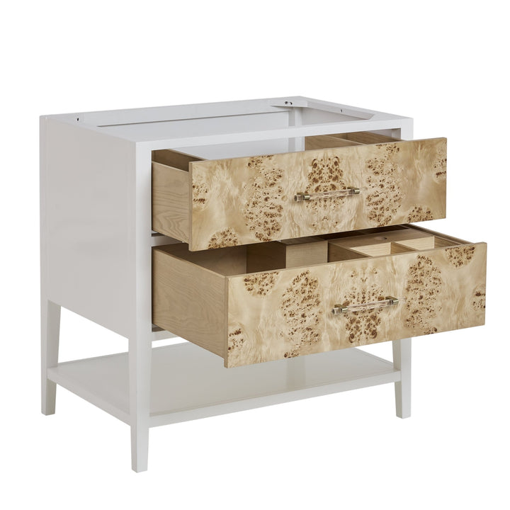Olena 36" Single Vanity, Light Mappa Burl and Polished White w/ Single Hole 3 CM White Zeus Silestone Top & Backsplash