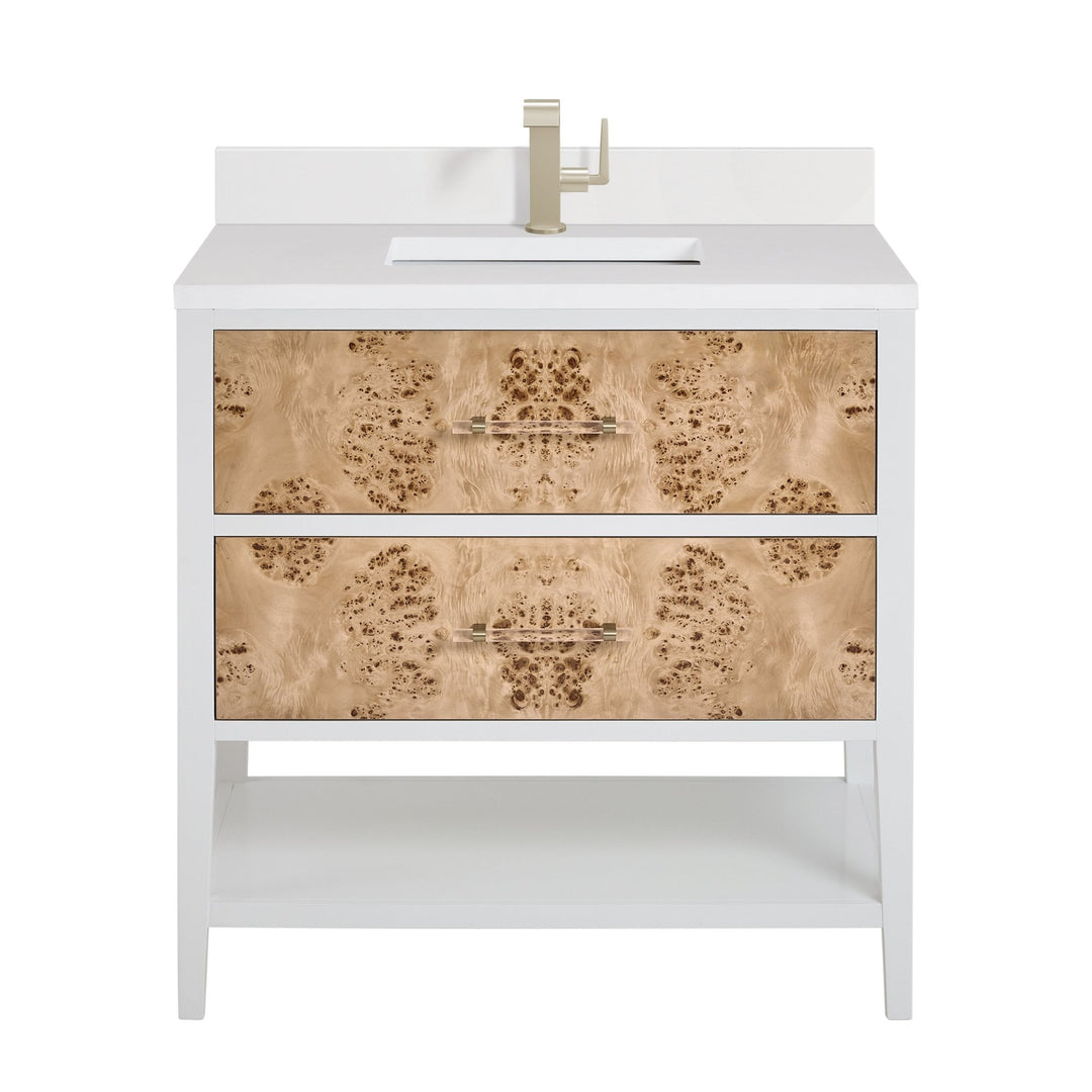 Olena 36" Single Vanity, Light Mappa Burl and Polished White w/ Single Hole 3 CM White Zeus Silestone Top & Backsplash