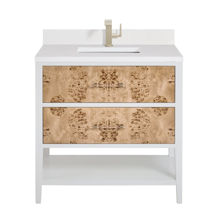 Olena 36" Single Vanity, Light Mappa Burl and Polished White w/ Single Hole 3 CM White Zeus Silestone Top & Backsplash