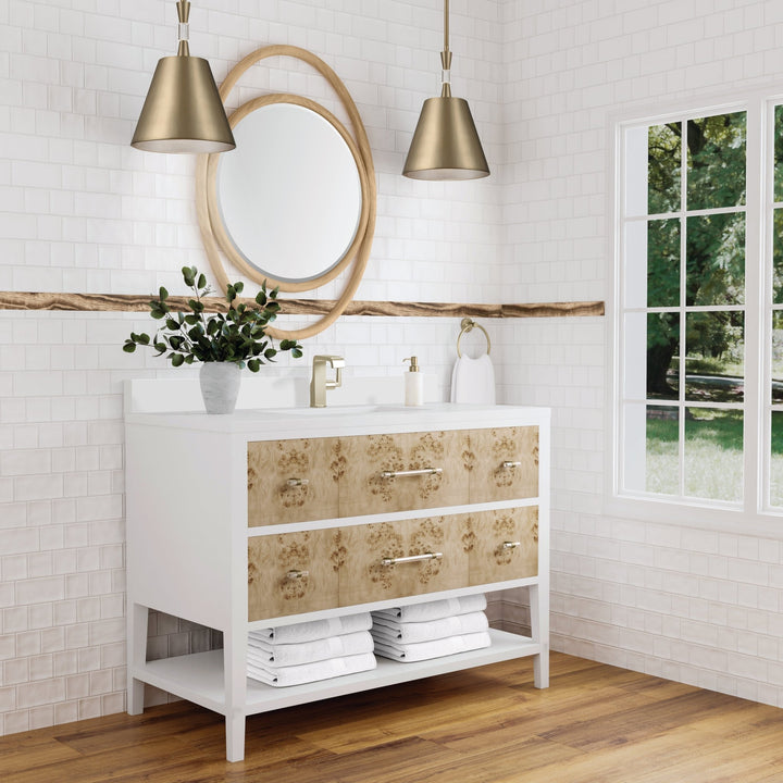 Olena 48" Single Vanity, Light Mappa Burl and Polished White w/ Single Hole 3 CM White Zeus Silestone Top & Backsplash