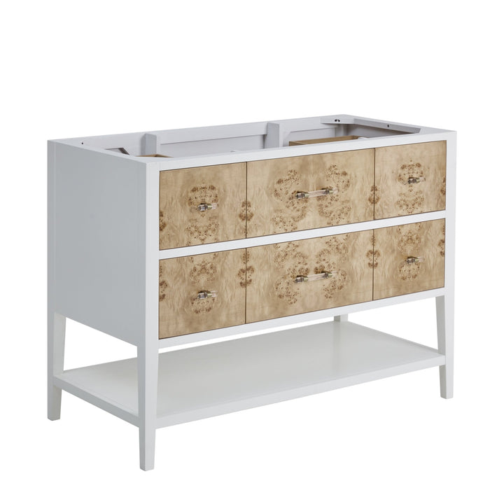 Olena 48" Single Vanity, Light Mappa Burl and Polished White w/ Single Hole 3 CM White Zeus Silestone Top & Backsplash