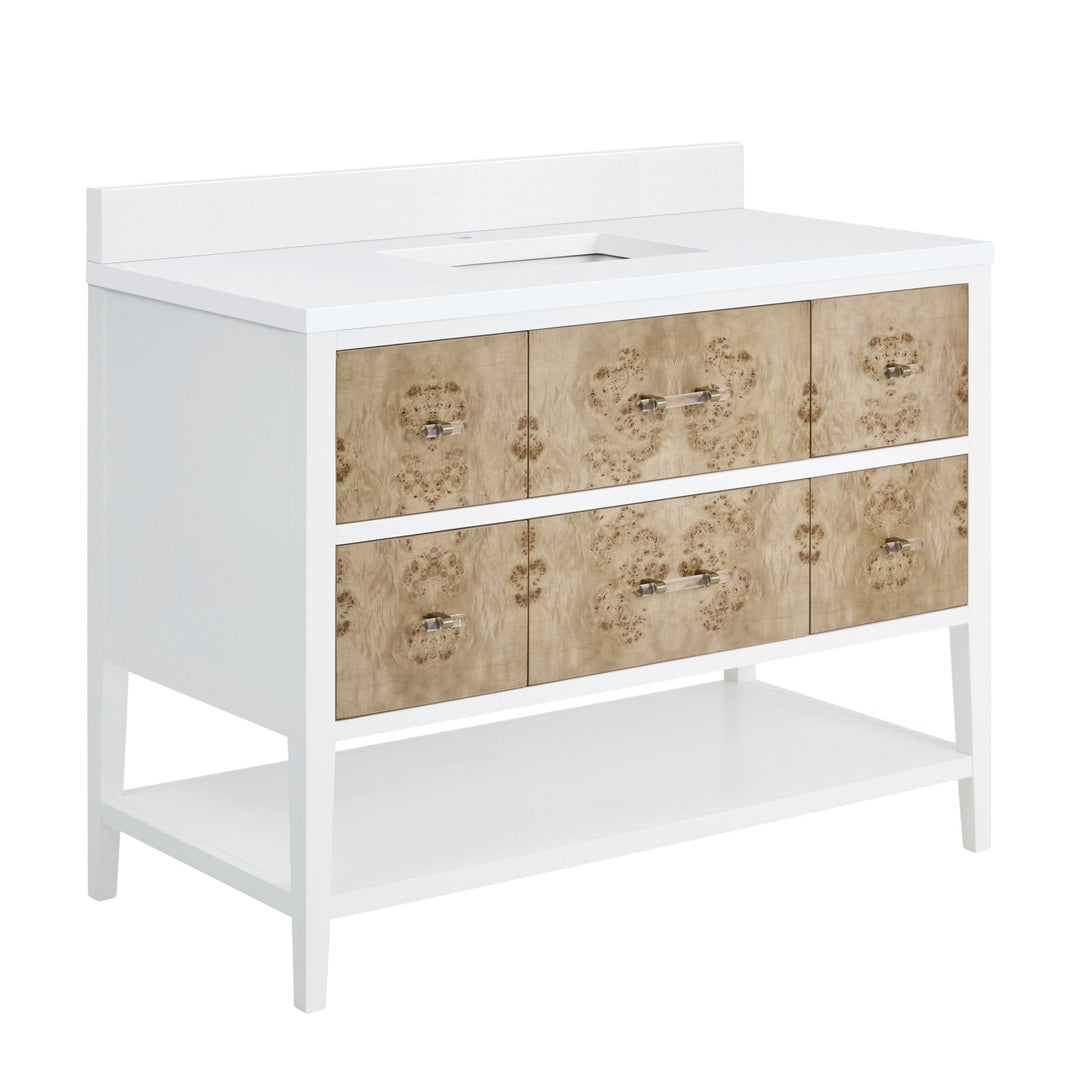 Olena 48" Single Vanity, Light Mappa Burl and Polished White w/ Single Hole 3 CM White Zeus Silestone Top & Backsplash