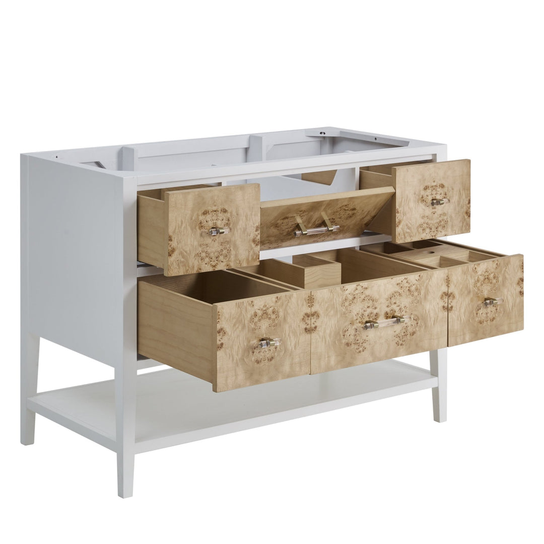 Olena 48" Single Vanity, Light Mappa Burl and Polished White w/ Single Hole 3 CM White Zeus Silestone Top & Backsplash