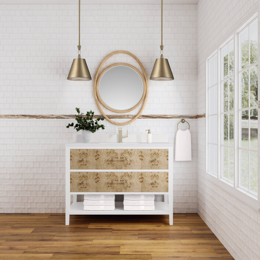 Olena 48" Single Vanity, Light Mappa Burl and Polished White w/ Single Hole 3 CM White Zeus Silestone Top & Backsplash