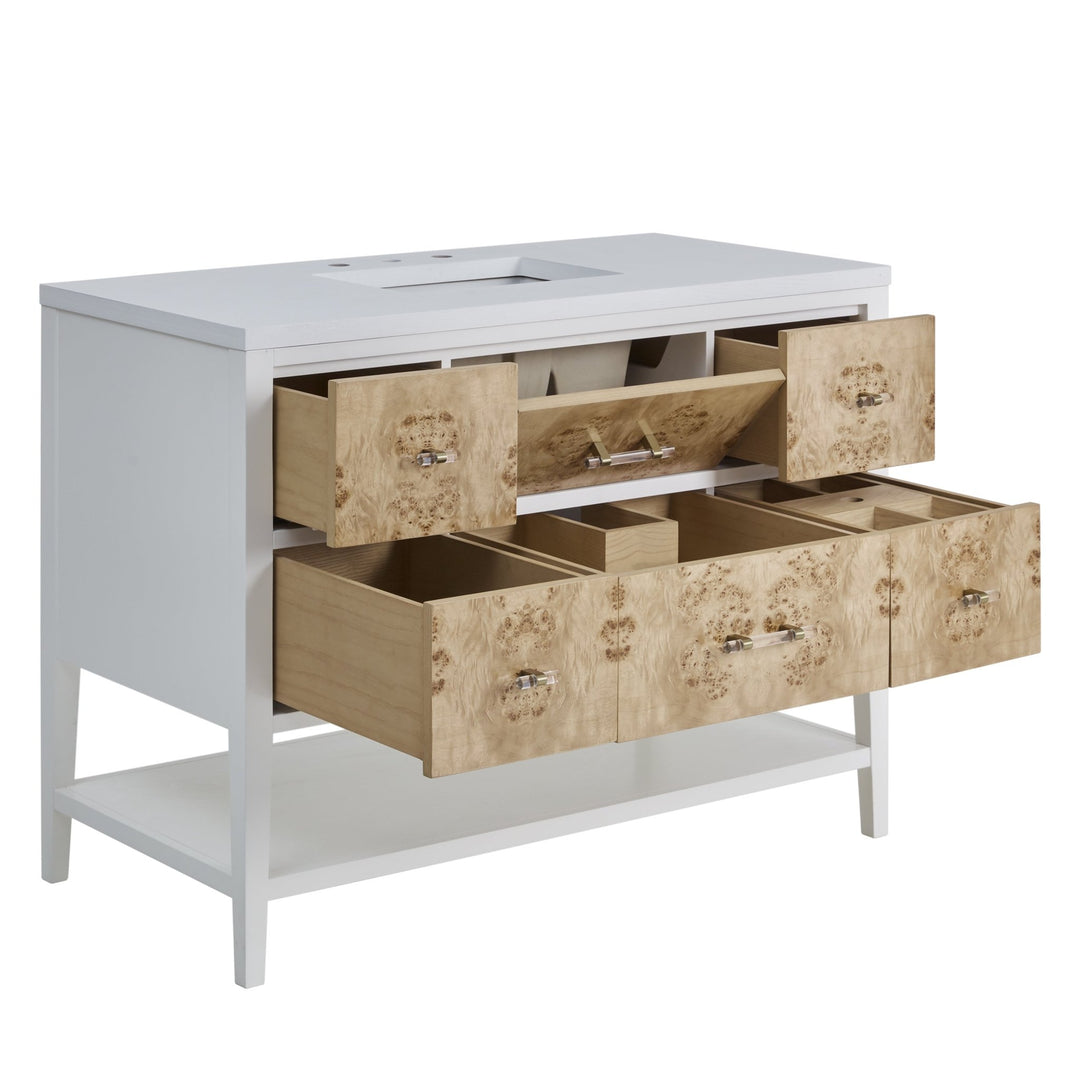 Olena 48" Single Vanity, Light Mappa Burl and Polished White w/ Single Hole 3 CM White Zeus Silestone Top & Backsplash