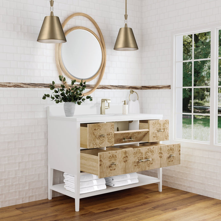 Olena 48" Single Vanity, Light Mappa Burl and Polished White w/ Single Hole 3 CM White Zeus Silestone Top & Backsplash