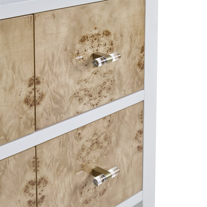 Olena 48" Single Vanity, Light Mappa Burl and Polished White w/ Single Hole 3 CM White Zeus Silestone Top & Backsplash