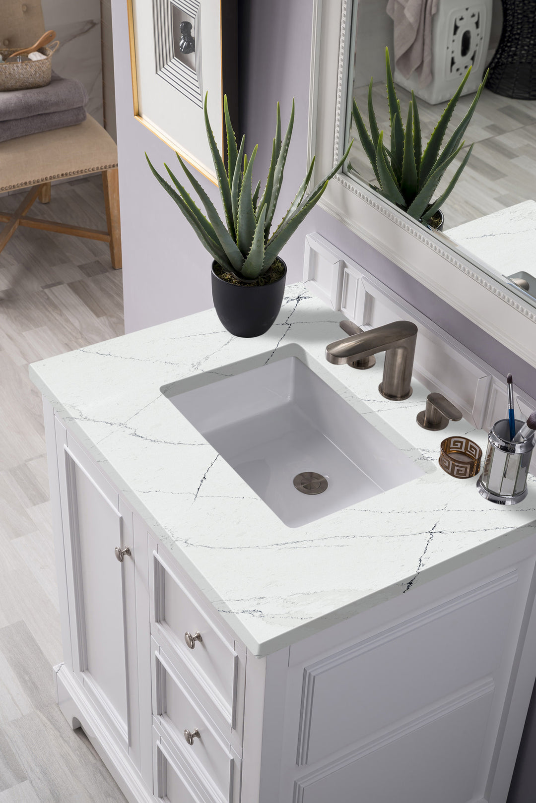 De Soto 30" Single Vanity, Bright White w/ 3 CM Ethereal Noctis Silestone Top