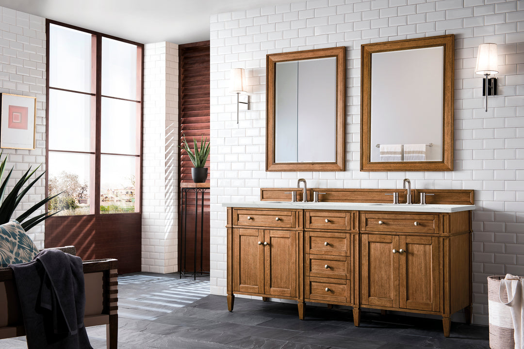 Brittany 72" Double Vanity, Saddle Brown w/ 3 CM Ethereal Noctis Silestone Top w/FreePower Wireless Charger