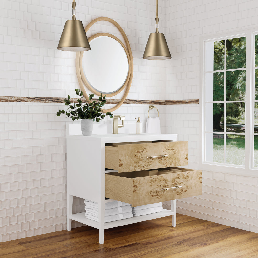 Olena 36" Single Vanity, Light Mappa Burl and Polished White w/ Single Hole 3 CM White Zeus Silestone Top & Backsplash