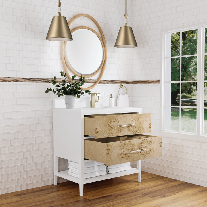 Olena 36" Single Vanity, Light Mappa Burl and Polished White w/ Single Hole 3 CM White Zeus Silestone Top & Backsplash